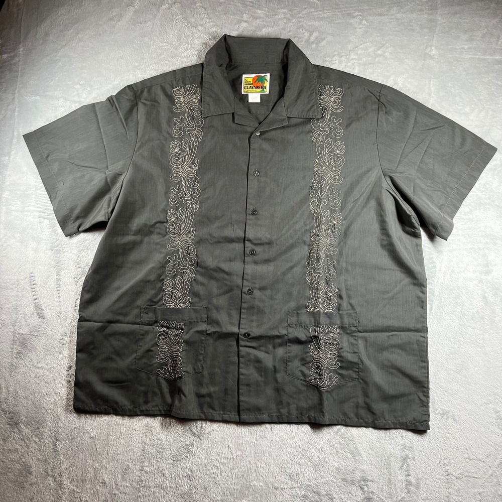 Haband Guayabera Mens 2XL Gray Embroidered Short Sleeve Button‎ Down Shirt